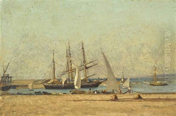 Repairing Nets At The Harbour Wall Oil Painting by Victor de Papelen (Papeleu)