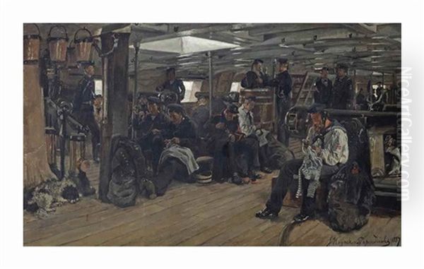 Marines Aboard The Zr. Ms. Artillery Command Ship 'het Loo' Oil Painting by Jan Hoynck Van Papendrecht