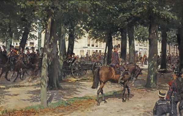 A Military Procession On The Lange Voorhout, The Hague Oil Painting by Jan Hoynck Van Papendrecht