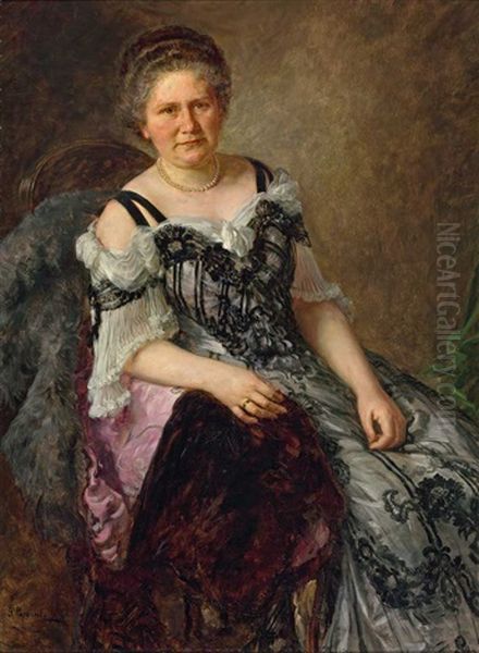 Dreiviertelportrait Einer Sitzenden Dame Im Ballkleid Mit Perlenkette Oil Painting by Georg Papperitz