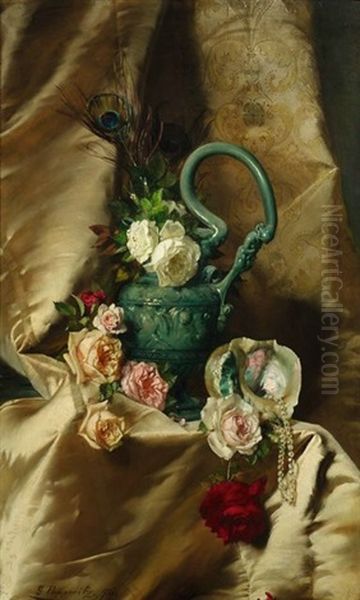 Stilleben Mit Bunten Rosen Und Pfauenfedern In Einer Hydria Mit Reliefdekor Oil Painting by Georg Papperitz