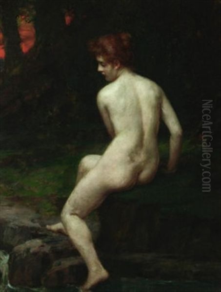 In Gedanken. Ruckenakt Einer Vertraumten Dame Am Bachlauf Im Walde Oil Painting by Georg Papperitz