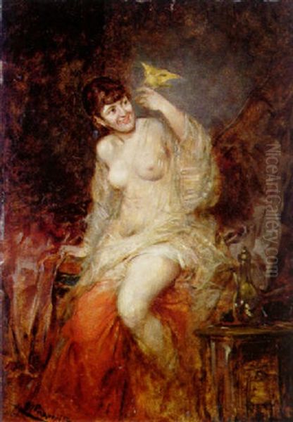 Nacktes Madchen, In Der Hand Einen Kanarienvogel Haltend Oil Painting by Georg Papperitz