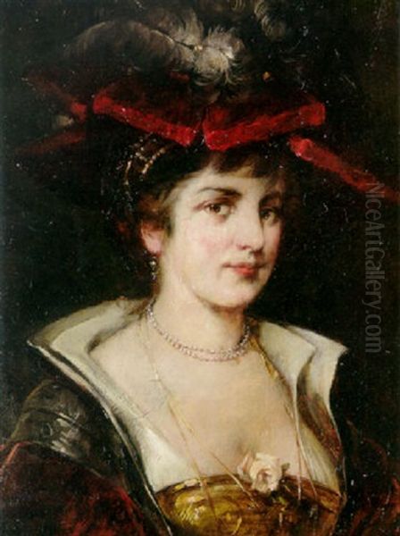 A Portrait Of A Lady In A Red Plumed Hat Oil Painting by Georg Papperitz