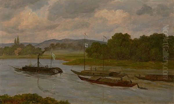 The First Haulage Steamboat On The River Elbe Oil Painting by Gustav Friedrich Papperitz