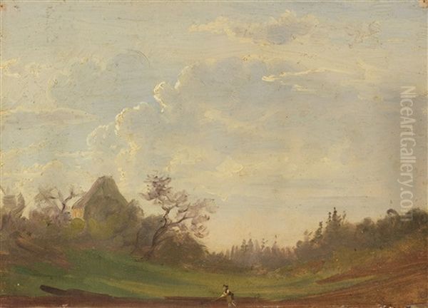 Landschaftsstudie Mit Pflugendem Bauern Oil Painting by Gustav Friedrich Papperitz