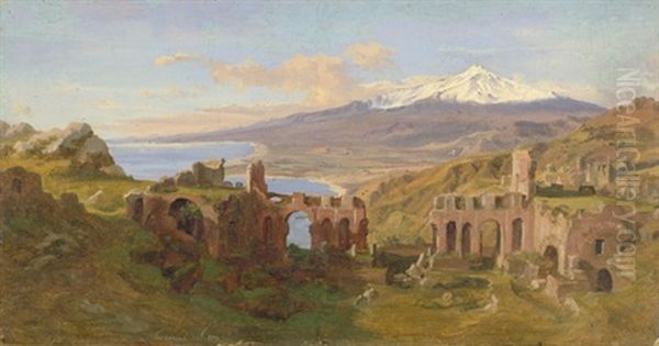 Taormina: Blick Uber Das Antike Amphitheater Auf Die Kuste Und Den Schneebedeckten Aetna Oil Painting by Gustav Friedrich Papperitz