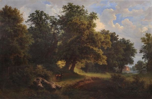 Spatsommerliche Parklandschaft Im Englischen Stil Mit Wasserschlos Oil Painting by Gustav Friedrich Papperitz