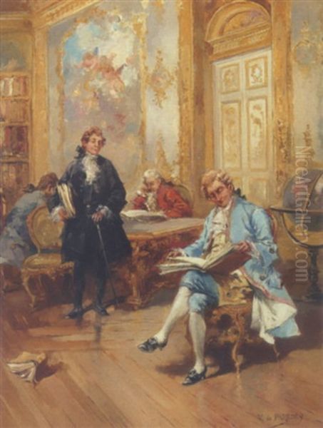 I Biblioteket. Laesende Herrer I En Rokokosalon Oil Painting by Vicente Garcia de Paredes