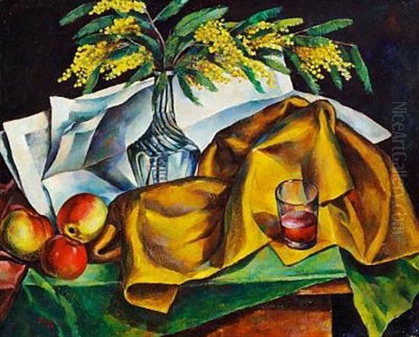 Still Life With Mimosas Oil Painting by Renato Paresce