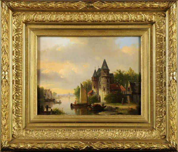 Bord De Riviere Anime Avec Chateau Oil Painting by Joseph Bles