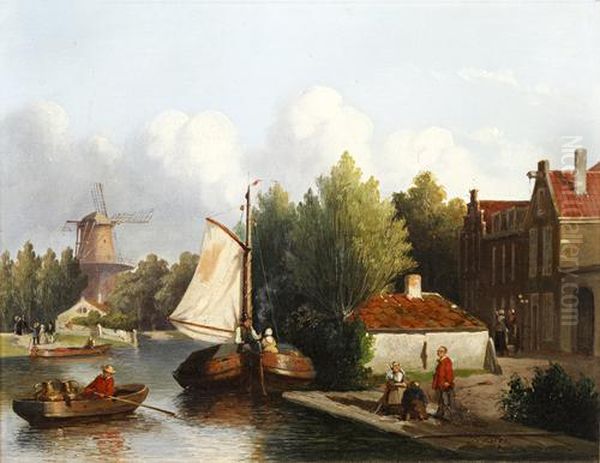 Dutch River Landscape With Figures And Barges Oil Painting by Joseph Bles