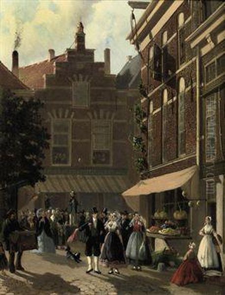 Festivities In Front Of 'koffiehuis De Gouden Bal' Oil Painting by Joseph Bles