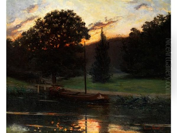 Kahn In Ruhigem Kanalwasser Vor Baumlandschaft Bei Sonnenuntergang Oil Painting by Luis Paret Y Alcazar