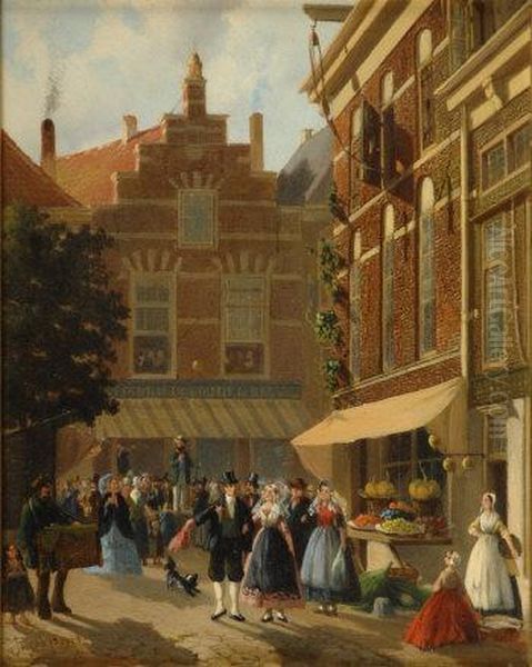 Dutch Travelling Mummers In A Town Square Oil Painting by Joseph Bles