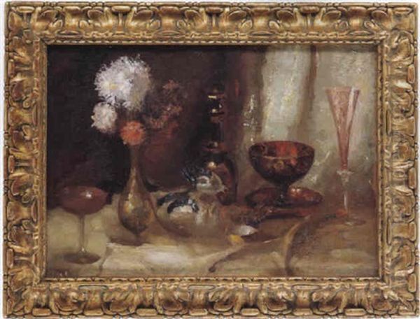 Glasvase Mit Blumenstrauss Und Verschiedenen Murano Glasern Oil Painting by Gino (Friedrich Pollak) Parin