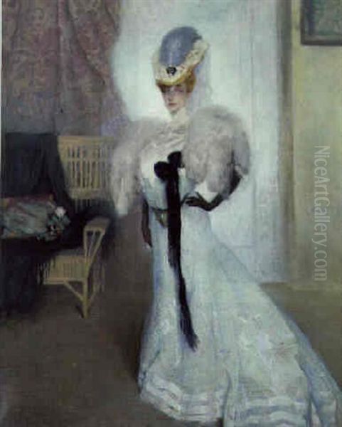 Portrait Of A Society Lady, Standing Three-quarter Length In An Interior Oil Painting by Gino (Friedrich Pollak) Parin