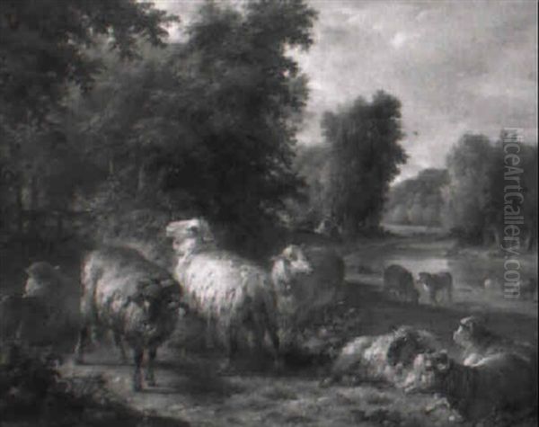 Troupeau De Moutons Pres De La Riviere Oil Painting by Joseph Francois Paris