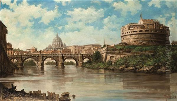 Veduta Di Ponte Sant'angelo Con Castel Sant'angelo Da Tor Di Nona Oil Painting by Francesco Paolo Parisi