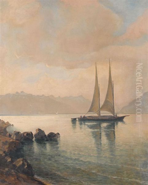 Lac Leman Avec Barque A Sable Oil Painting by Charles Parisod