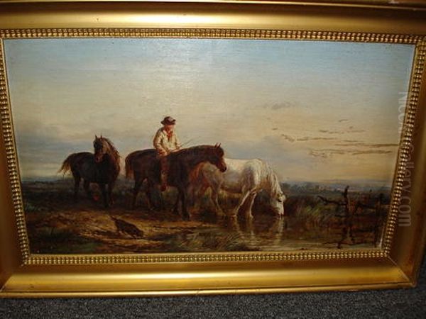 Watering The Horses, A Drover, Three Horses And A Dog In A Marshland Landscape Oil Painting by Henry Park