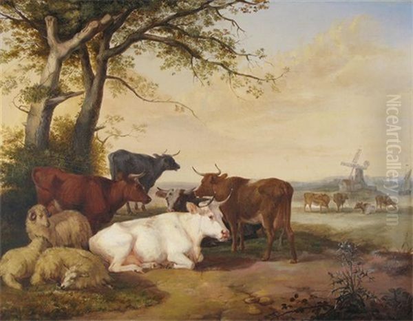 Cattle And Sheep In A Landscape, A Windmill Beyond Oil Painting by Henry Park