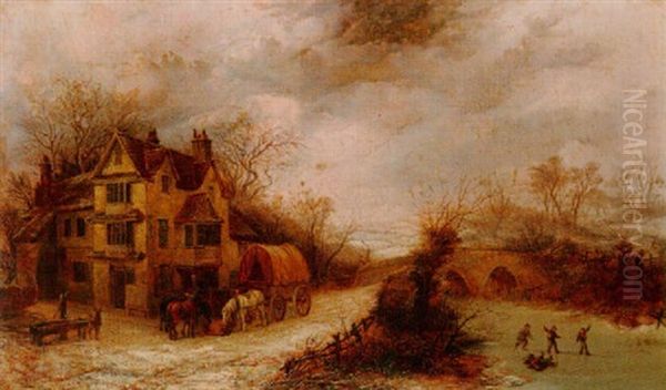 Village Scene In Winter Oil Painting by Henry Park