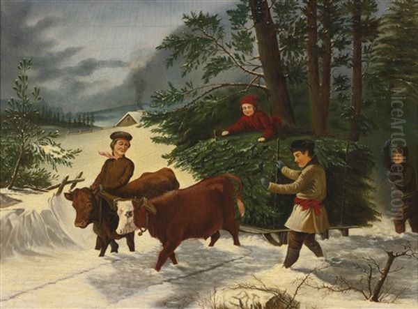 Children Harvesting Christmas Trees Oil Painting by Linton Park