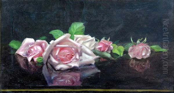 Still Life Pink Roses On A Shelf Oil Painting by Stuart James Park