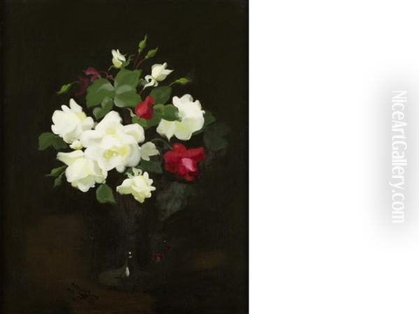 Cream And Red Roses Oil Painting by Stuart James Park