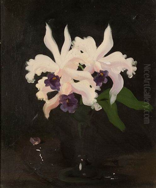 Still Life Of Lilies In A Glass Vase Oil Painting by Stuart James Park