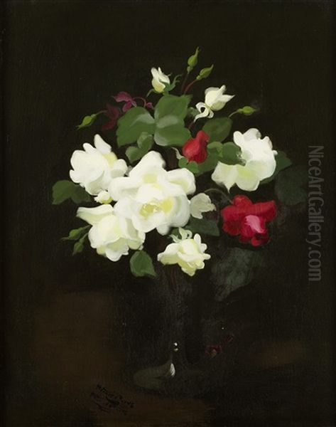 Cream And Red Roses Oil Painting by Stuart James Park