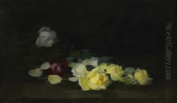 Still Life Of Red And Yellow Roses Oil Painting by Stuart James Park