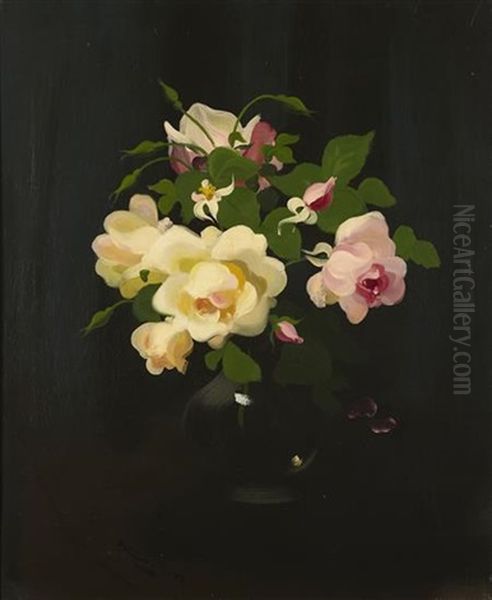 A Still Life Of Pink Roses Oil Painting by Stuart James Park