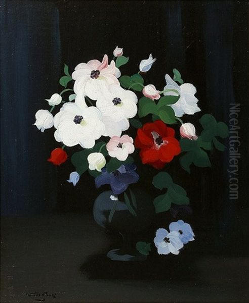 Colourful Flowers In A Vase, Against Black Background Oil Painting by Stuart James Park