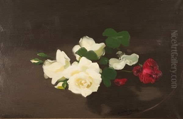 Still Life With Red And White Roses Oil Painting by Stuart James Park