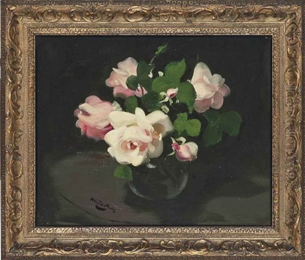 Pink And White Roses Oil Painting by Stuart James Park