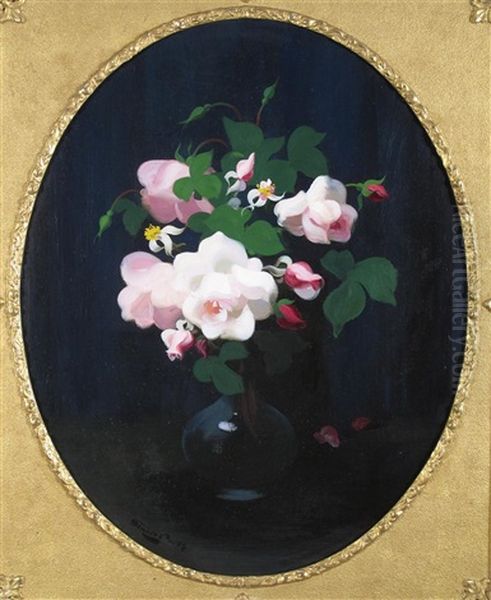 Still Life Of Roses In A Glass Vase Oil Painting by Stuart James Park