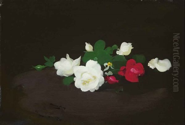 White And Pink Roses On A Round Table Oil Painting by Stuart James Park