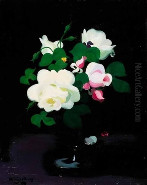 White And Pink Roses In A Vase Oil Painting by Stuart James Park