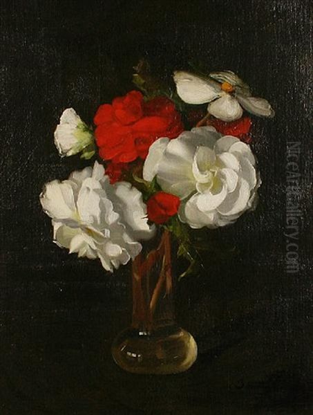 Red And White Flowers In A Glass Vase Oil Painting by Stuart James Park