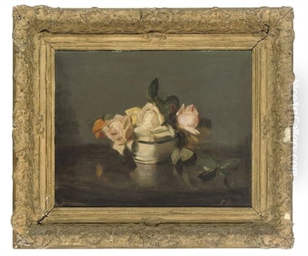 Roses In A Blue And White Bowl Oil Painting by Stuart James Park