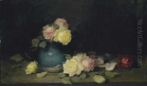 Pink And Yellow Roses In A Green Vase Oil Painting by Stuart James Park