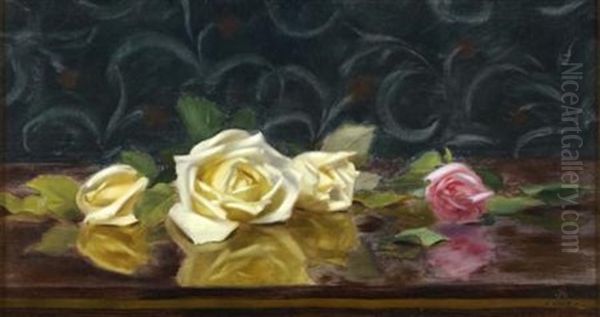 A Still Life Of Pnk And Yellow Roses Oil Painting by Stuart James Park