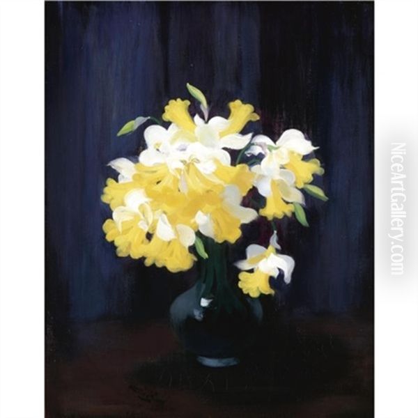 Daffodils In A Blue Vase Oil Painting by Stuart James Park