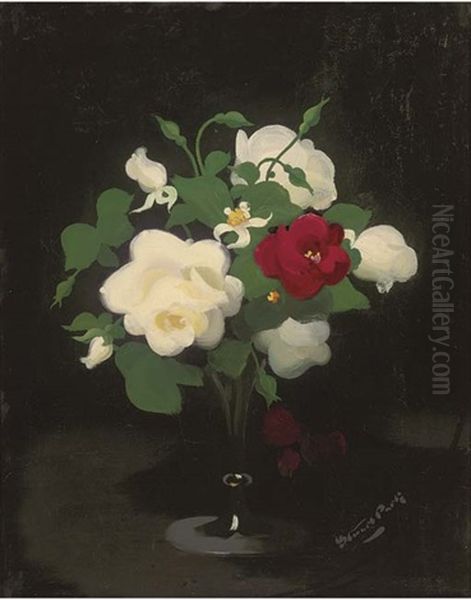 Red And White Flowers In A Glass Vase Oil Painting by Stuart James Park