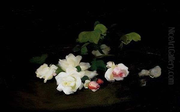 Still Life Of Yellow And Pink Roses Oil Painting by Stuart James Park