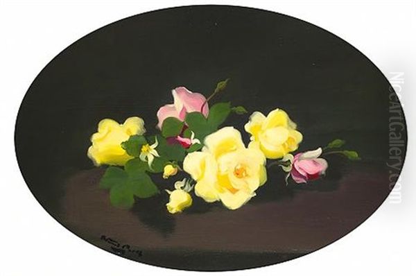 Still Life With Pink And Yellow Roses Oil Painting by Stuart James Park