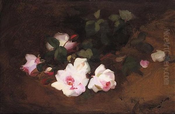 Still Life Of Pink Roses Oil Painting by Stuart James Park