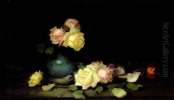 Still Life With Red, Pink And Yellow Roses In A Blue Vase Oil Painting by Stuart James Park